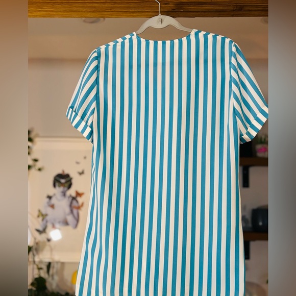 Vintage Handmade Blue White Striped Tunic Blouse Shirt Pockets - Picture 7 of 7